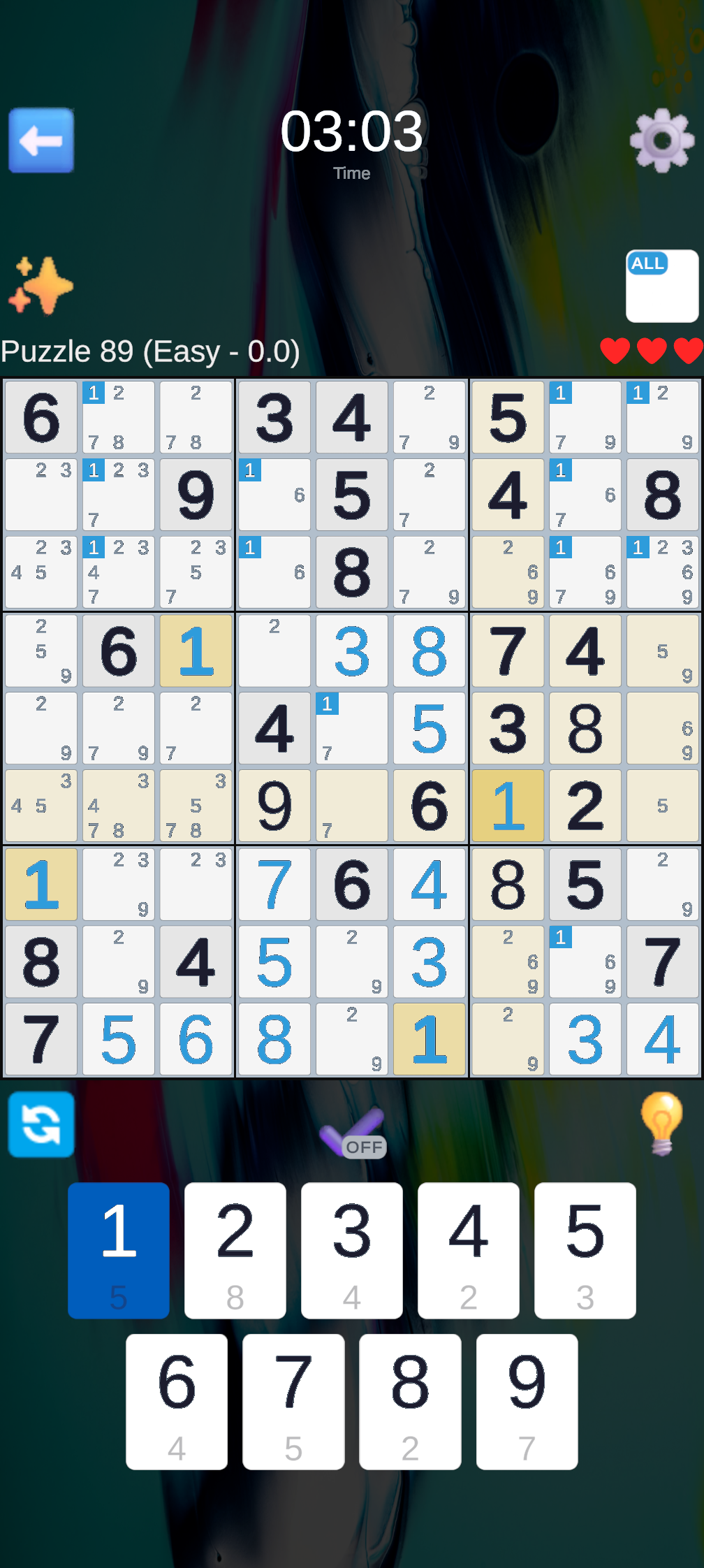 Sudoku — main game board with a puzzle in progress