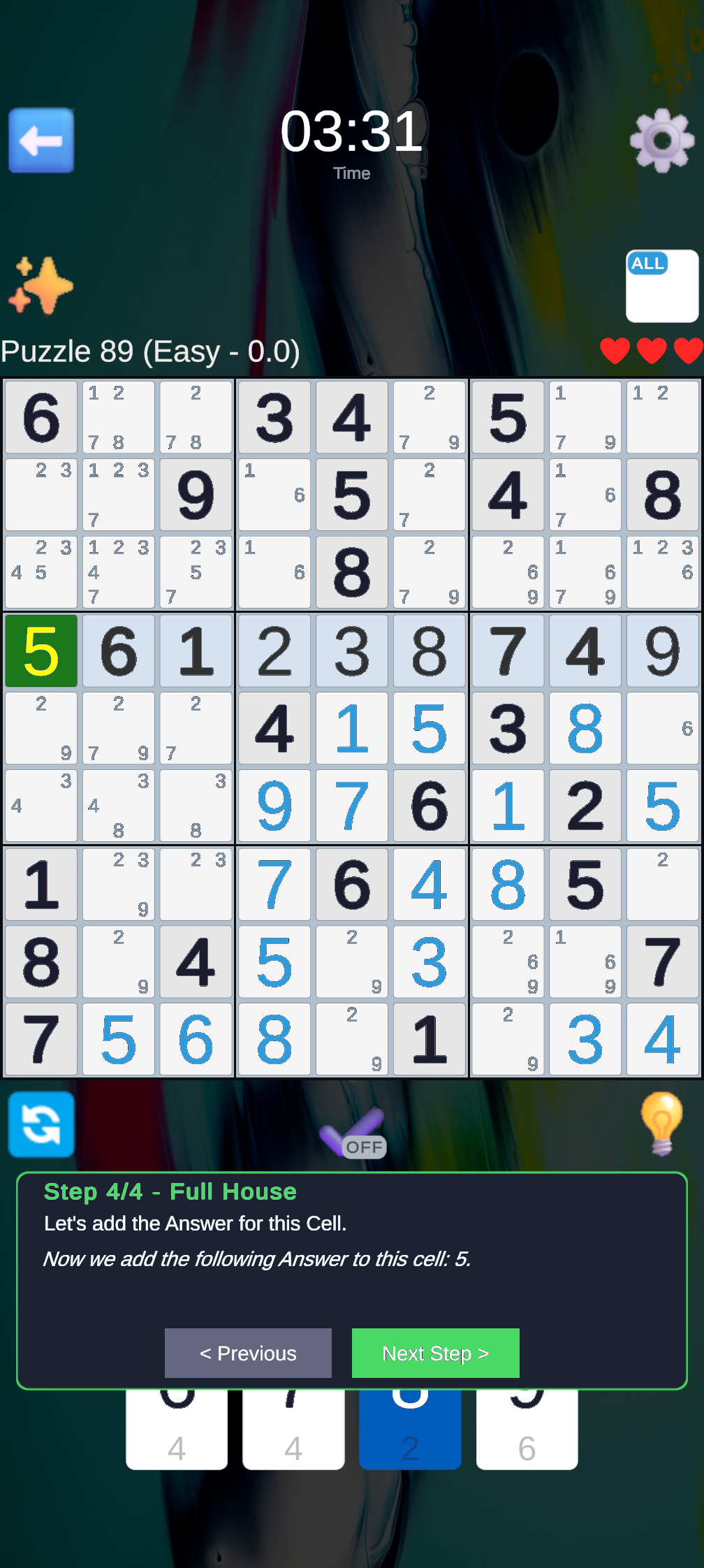 Sudoku — pencil-mark notes and hint feature